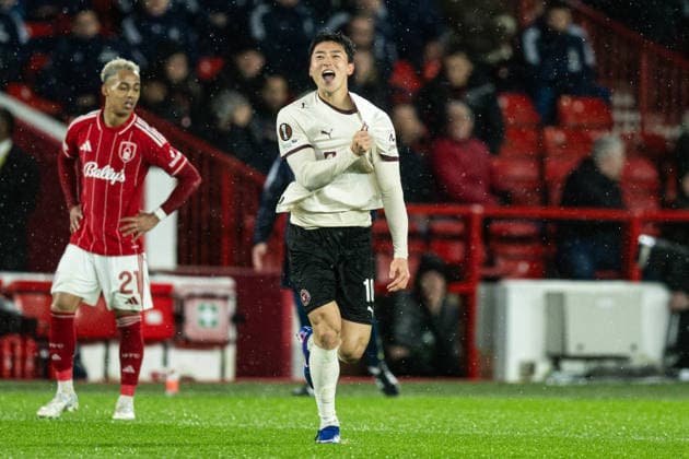 12th March 2026; The City Ground, Nottingham, England; UEFA Europa League Football, Nottingham Forest versus Midtjylland; Cho Gue-sung of FC Midtjylland celebrates scoring in the 80th minute to make the score 0-1  GodfreyxPitt