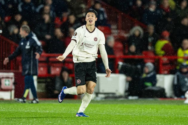 12th March 2026; The City Ground, Nottingham, England; UEFA Europa League Football, Nottingham Forest versus Midtjylland; Cho Gue-sung of FC Midtjylland celebrates scoring in the 80th minute to make the score 0-1  GodfreyxPitt