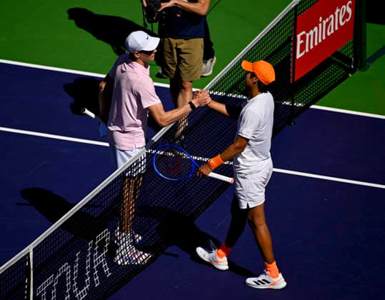 March 12, 2026 Jannik Sinner (ITA) is congratulated by Learner Tien after their quarterfinals match at the BNP Paribas Open held at the Indian Wells Tennis Garden in Indian Wells, California. California. Mandatory Photo Credit : CSM Indian Wells United States of America - ZUMAc04_ 20260312_zma_c04_125 Copyright: xCharlesxBausx