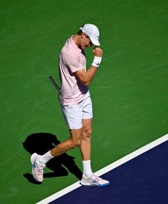 March 12, 2026 Jannik Sinner (ITA) celebrates winning match point against Learner Tien during their quarterfinals match at the BNP Paribas Open held at the Indian Wells Tennis Garden in Indian Wells, California. California. Mandatory Photo Credit : CSM Indian Wells United States of America - ZUMAc04_ 20260312_zma_c04_136 Copyright: xCharlesxBausx