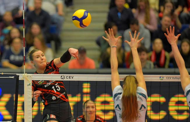 12 3 2026, Dresdens Marta Levinska smashes successfully, Volleyball, CEV Cup, semi-final, Dresdner SC Reale Mutua Fenera Chieri, c Dresden
