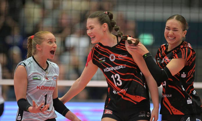 12 3 2026, Dresdens Patricia Nestler, Dresdens Florentine Rosemann and Dresdens Lorena Lorber Fijok cheer, v l , Volleyball, CEV Cup, semi-final, Dresdner SC Reale Mutua Fenera Chieri, c Dresden
