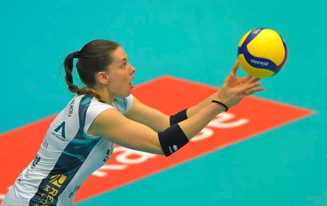 12 3 2026, Chieris Sofia Ferrarini serving, Volleyball, CEV Cup, semi-final, Dresdner SC Reale Mutua Fenera Chieri, c Dresden