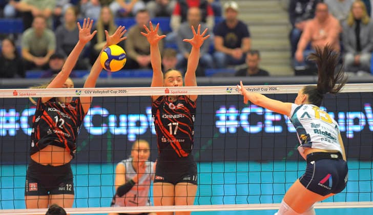 12 3 2026, Chieris Anett Nemeth smashes against Dresdens Mette Pfeffer and Dresdens Lorena Lorber Fijok, Volleyball, CEV Cup, semi-final, Dresdner SC Reale Mutua Fenera Chieri, c Dresden