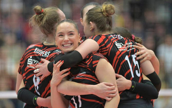 12 3 2026, Dresdens Lorena Lorber Fijok celebrates, Volleyball, CEV Cup, semi-final, Dresdner SC Reale Mutua Fenera Chieri, c Dresden