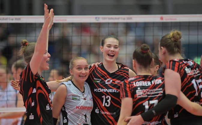 12 3 2026, Dresden women celebrate a point, Volleyball, CEV Cup, semi-final, Dresdner SC Reale Mutua Fenera Chieri, c Dresden