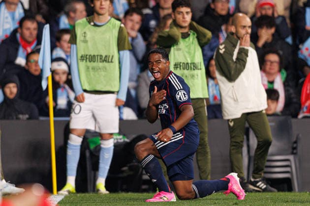Endrick celebrating after goal during UEFA Europa League round of 16 game between teams of RC Celta de Vigo and Olympique Lyonnais at Estadio de Balaidos (Joao Gregorio Ball Raw Images PT) Vigo Estadio de Balaidos Spain Copyright: xJoaoxGregoriox CeltaLyonJoao77