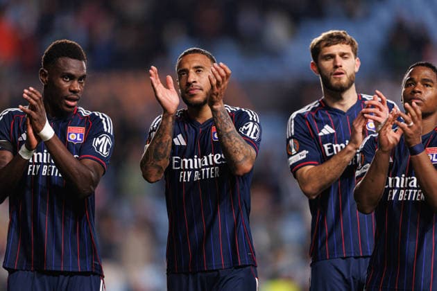 Moussa Niakhate and Corentin Tolisso seen during UEFA Europa League round of 16 game between teams of RC Celta de Vigo and Olympique Lyonnais at Estadio de Balaidos (Joao Gregorio Ball Raw Images PT) Vigo Estadio de Balaidos Spain Copyright: xJoaoxGregoriox CeltaLyonJoao90
