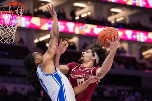 ACC Mens Basketball Championship: Florida State Vs Duke Mar 12 March 12, 2026: Florida State Seminoles guard Lajae Jones (10) goes to the basket against Duke Blue Devils forward Maliq Brown (6) during the first half of the 2026 ACC Men s Basketball Championship at Spectrum Center in Charlotte, NC. (Scott Kinser CSM) (Credit Image: Â Scott Kinser Cal Media) Charlotte Nc United States EDITORIAL USE ONLY Copyright: xx ZUMA-20260312_zma_c04_162.jpg ScottxKinserx csmphotothree479761