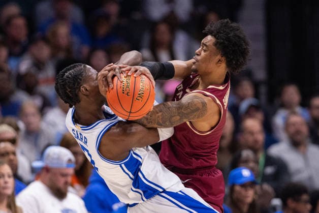 ACC Mens Basketball Championship: Florida State Vs Duke Mar 12 March 12, 2026: Florida State Seminoles guard Martin Somerville (1) fouls Duke Blue Devils guard Dame Sarr (7) as he goes for the ball in the first half of the 2026 ACC Men s Basketball Championship at Spectrum Center in Charlotte, NC. (Scott Kinser CSM) (Credit Image: Â Scott Kinser Cal Media) Charlotte Nc United States EDITORIAL USE ONLY Copyright: xx ZUMA-20260312_zma_c04_158.jpg ScottxKinserx csmphotothree479765