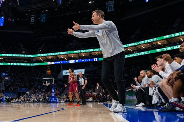 ACC Mens Basketball Championship: Florida State Vs Duke Mar 12 March 12, 2026: Duke Blue Devils head coach Jon Scheyer signals for a travel during the first half against the Florida State Seminoles in the 2026 ACC Men s Basketball Championship at Spectrum Center in Charlotte, NC. (Scott Kinser CSM) (Credit Image: Â Scott Kinser Cal Media) Charlotte Nc United States EDITORIAL USE ONLY Copyright: xx ZUMA-20260312_zma_c04_155.jpg ScottxKinserx csmphotothree479768