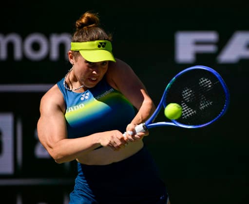 March 12, 2026 Linda Noskova (CZE) returns a shot against Talia Gibson (AUS) during their quarterfinals match at the BNP Paribas Open held at the Indian Wells Tennis Garden in Indian Wells, California. California. Mandatory Photo Credit : CSM Indian Wells United States of America - ZUMAc04_ 20260312_zma_c04_211 Copyright: xCharlesxBausx