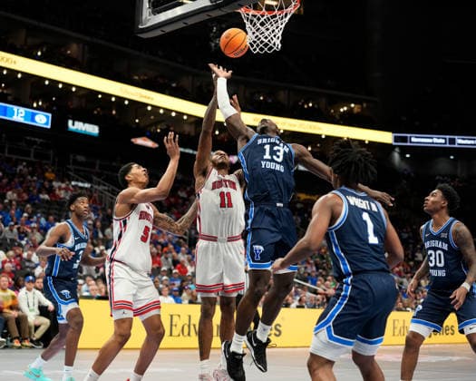 MAR 12 2026: BYU Cougars center Keba Keita (13) fights for the rebound against Houston Cougars forward Joseph Tugler (11) in the Big 12 Championship Tournament at T-Mobile center, Kansas City, Missouri. CSM. Kansas City United States - ZUMAc04_ 20260312_zma_c04_218 Copyright: xJonxRobichaudx