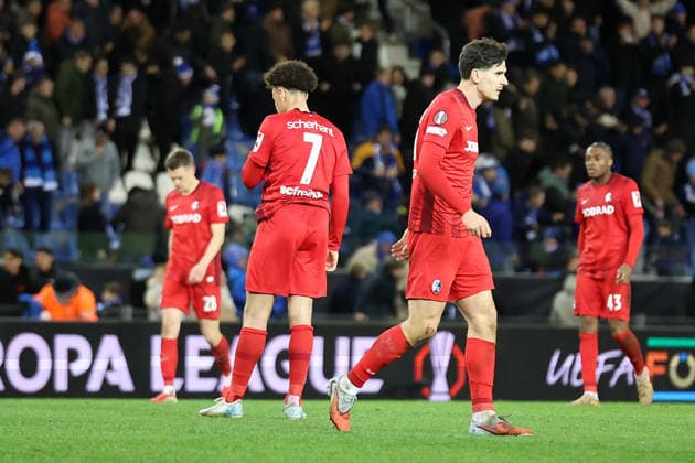 12 03 2026, xrekx, Football UEFA Europa League, KRC Genk SC Freiburg v l End of match Igor Matanovic SC Freiburg disappointed, disappointed, looks disappointed, looks dejected, looks disappointed DFL DFB REGULATIONS PROHIBIT ANY USE OF PHOTOGRAPHS as IMAGE SEQUENCES and or QUASI VIDEO Genk