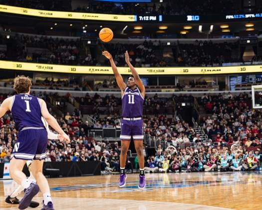 March 12, 2026, Chicago, Illinois, USA: Northwestern basketball player JORDAN CLAYTON shoots a three-pointer during the third round game of the 2026 TIAA Big Ten Men s Basketball Tournament against Purdue at the United Center. 2026 TIAA Big Ten Men s Basketball Tournament: Purdue 81: Northwestern: 68  - ZUMAw173 20260312_zsp_w173_026 Copyright: xLukexWelshx
