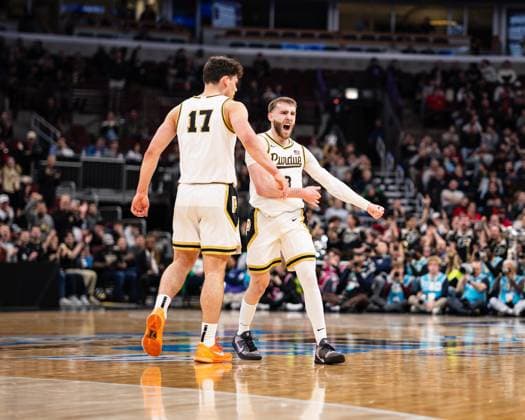 March 12, 2026, Chicago, Illinois, USA: Purdue basketball player BRADEN SMITH (3) celebrates a play withOMER MAYER (17) during the third round game of the 2026 TIAA Big Ten Men s Basketball Tournament against Northwestern at the United Center. 2026 TIAA Big Ten Men s Basketball Tournament: Purdue 81: Northwestern: 68  - ZUMAw173 20260312_zsp_w173_041 Copyright: xLukexWelshx