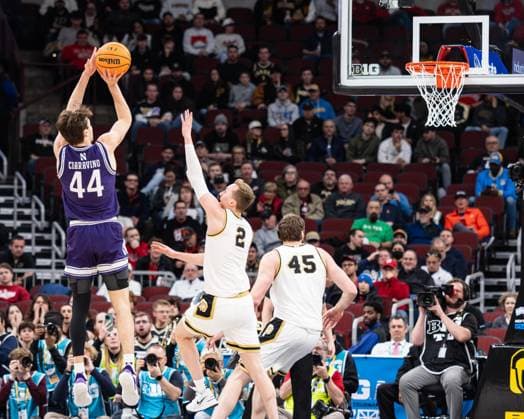March 12, 2026, Chicago, Illinois, USA: Northwestern basketball player ANGELO CIARAVINO takes a jumpshot during the third round game of the 2026 TIAA Big Ten Men s Basketball Tournament against Purdue at the United Center. 2026 TIAA Big Ten Men s Basketball Tournament: Purdue 81: Northwestern: 68  - ZUMAw173 20260312_zsp_w173_046 Copyright: xLukexWelshx