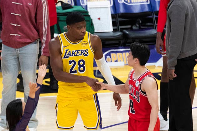 March 12, 2026, Los Angeles, California, USA: Chicago BullsÃ¢â‚¬â ¢ Yuki Kawamura (8) talks with Los Angeles LakersÃ¢â‚¬â ¢ Rui Hachimura (28) after an NBA, Basketball Herren, USA basketball game at Crypto.com Arena on Thursday, March 12, 2026 in Los Angeles. NBA 2026: Bulls Vs Lakers  - ZUMAc68_ 20260312_zaf_c68_058 Copyright: xRingoxChiux