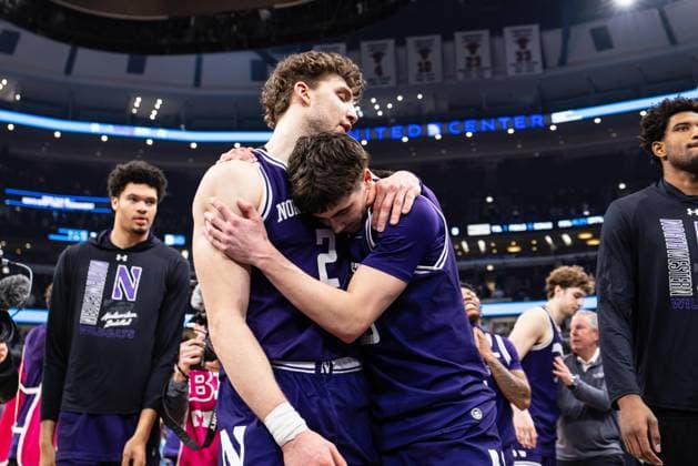 March 12, 2026, Chicago, Illinois, USA: Northwestern basketball players NICK MARTINELLI (2) embraces JAKE WEST (right) after the Wildcats fell to Purdue by a score of 81-68 in the third round game of the 2026 TIAA Big Ten Men s Basketball Tournament at the United Center. NCAA, College League, USA Basketball 2026: Purdue 81:68 Northwestern  - ZUMAw173 20260312_zsp_w173_024 Copyright: xLukexWelshx