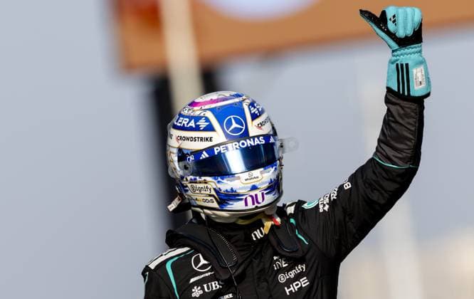 SHANGHAI - George Russell (Mercedes) celebrates his pole position after the sprint qualifying at the Shanghai International Circuit ahead of the Chinese Grand Prix. SANDER KONING ANP xVIxANPxSportx xxANPxIVx 553198228 originalFilename: 553198228.jpg