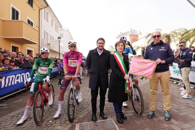 The flag for the start during the 184-kilometer Stage 5 of the Tirreno-Adriatico cycling race from Marotta-Mondolfo to Mombaroccio - Italy,- Friday, March 13, 2026. - cycling .  Copyright: xMassimoxPaolone LaPressex