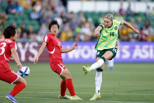 SOCCER ASIAN CUP MATILDAS DPR KOREA, Alanna Kennedy of Australia scores a goal during the AFC Women™s Asian Cup Quarter Final match between Australia and Democratic People s Republic of Korea (DPR) at HBF Park in Perth, Friday, March 13, 2026. ( NO ARCHIVING, EDITORIAL USE ONLY PERTH WESTERN AUSTRALIA AUSTRALIA  Copyright: xRICHARDxWAINWRIGHTx 20260313122216222861