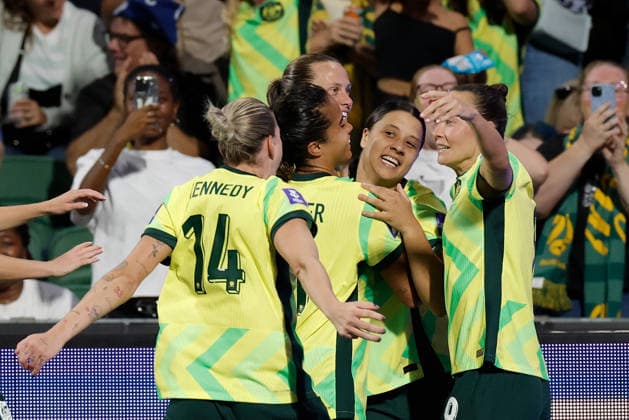 SOCCER ASIAN CUP MATILDAS DPR KOREA, Sam Kerr of Australia is congratulated by teammates after scoring a goal during the AFC Women™s Asian Cup Quarter Final match between Australia and Democratic People s Republic of Korea (DPR) at HBF Park in Perth, Friday, March 13, 2026. ( NO ARCHIVING, EDITORIAL USE ONLY PERTH WESTERN AUSTRALIA AUSTRALIA  Copyright: xRICHARDxWAINWRIGHTx 20260313146551986272