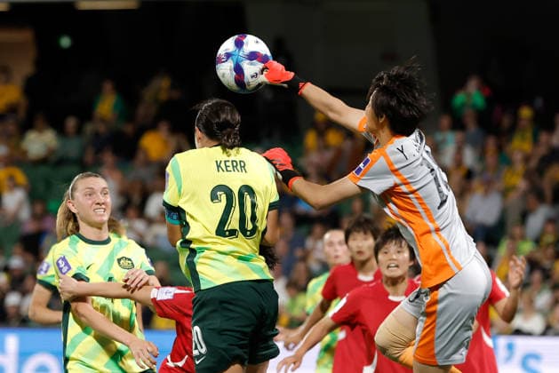 SOCCER ASIAN CUP MATILDAS DPR KOREA, Yu Son-Gum of North Korea clears the ball under pressure from Sam Kerr of Australia during the AFC Women™s Asian Cup Quarter Final match between Australia and Democratic People s Republic of Korea (DPR) at HBF Park in Perth, Friday, March 13, 2026. ( NO ARCHIVING, EDITORIAL USE ONLY PERTH WESTERN AUSTRALIA AUSTRALIA  Copyright: xRICHARDxWAINWRIGHTx 20260313193718361975