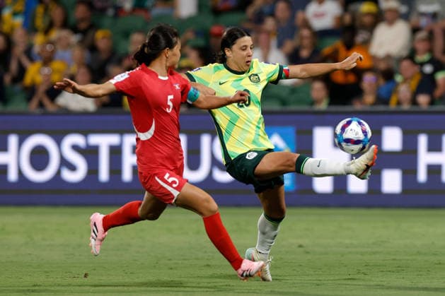 SOCCER ASIAN CUP MATILDAS DPR KOREA, Sam Kerr of Australia controls the ball under pressure from An Kuk-hyang of North Korea during the AFC Women™s Asian Cup Quarter Final match between Australia and Democratic People s Republic of Korea (DPR) at HBF Park in Perth, Friday, March 13, 2026. ( NO ARCHIVING, EDITORIAL USE ONLY PERTH WESTERN AUSTRALIA AUSTRALIA  Copyright: xRICHARDxWAINWRIGHTx 20260313135625256167