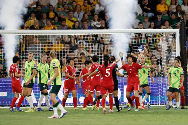 SOCCER ASIAN CUP MATILDAS DPR KOREA, North Korea celebrate a goal during the AFC Women™s Asian Cup Quarter Final match between Australia and Democratic People s Republic of Korea (DPR) at HBF Park in Perth, Friday, March 13, 2026. ( NO ARCHIVING, EDITORIAL USE ONLY PERTH WESTERN AUSTRALIA AUSTRALIA  Copyright: xRICHARDxWAINWRIGHTx 20260313147746278894
