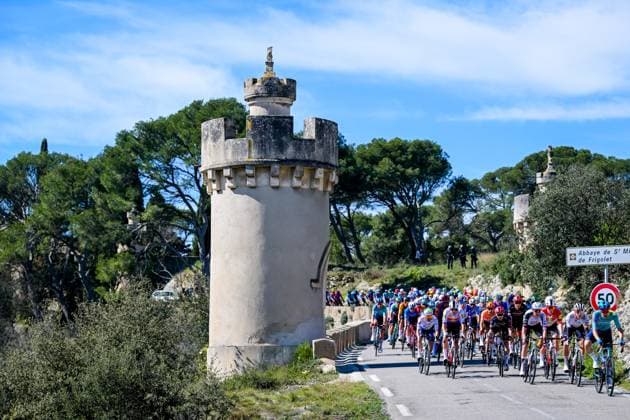 The pack of riders pictured in action during the sixth stage of 84th edition of the Paris-Nice cycling race, a race from Barbentane to Apt (179,3 km), on Friday 13 March 2026. DAVIDxPINTENS  x167362284x