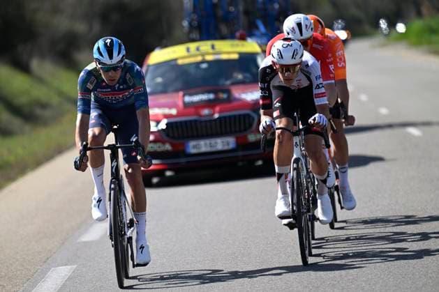 Paris Nice 2026 Stage 6 APT, FRANCE - MARCH 13 : Cras Steff (BEL) of Soudal Quick-Step, Arrieta Igor (ESP) of UAE Team Emirates - XRG during stage 6 of the 84th edition of Paris - Nice an UCI World Tour 2.UWT cycling road race stage for Men Elite of 179.3 km with start in Barbentane and finish in Apt on March 13, 2026 in Apt, France, 13 03 2026 ( Motordriver Guy De Vuyst - Apt France  Copyright: xNicoxVereeckenx
