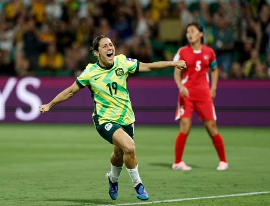 (260313) -- PERTH, March 13, 2026 -- Katrina Gorry of Australia celebrates after teammate Samantha Kerr scoring during the quarterfinal of Women s Asian Cup between Australia and the Democratic People s Republic of Korea (DPRK) at Perth Rectangular Stadium in Perth, Australia, March 13, 2026. ) (SP)AUSTRALIA-PERTH-FOOTBALL-WOMEN S ASIAN CUP-QUARTERFINALS-AUS VS PRK MaxPing 