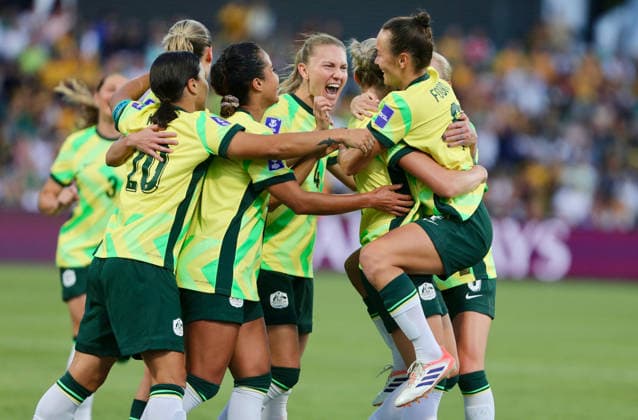 (260313) -- PERTH, March 13, 2026 -- Players of Australia celebrate scoring during the quarterfinal of Women s Asian Cup between Australia and the Democratic People s Republic of Korea (DPRK) at Perth Rectangular Stadium in Perth, Australia, March 13, 2026. (Photo by Xinhua) (SP)AUSTRALIA-PERTH-FOOTBALL-WOMEN S ASIAN CUP-QUARTERFINALS-AUS VS PRK ZhouxDan 