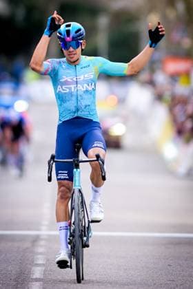 Colombian Harold Tejada of XDS Astana Team celebrates as he crosses the finish line to win the sixth stage of 84th edition of the Paris-Nice cycling race, a race from Barbentane to Apt (179,3 km), on Friday 13 March 2026. DAVIDxPINTENS  x167373416x