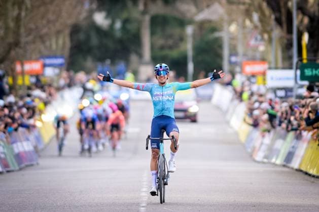 Colombian Harold Tejada of XDS Astana Team celebrates as he crosses the finish line to win the sixth stage of 84th edition of the Paris-Nice cycling race, a race from Barbentane to Apt (179,3 km), on Friday 13 March 2026. DAVIDxPINTENS  x167373534x