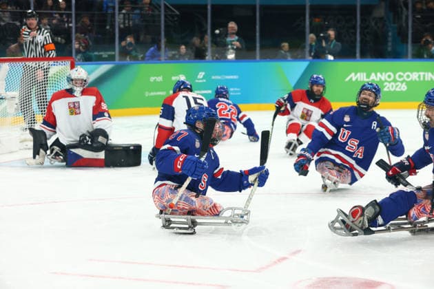March 13, 2026, Milan, Lombardy, Italy: JOSH PAULS 27 of USA celebrates scoring his side s fourth goal in the Semi Final game between Team United States (USA) and Team Czechia (CZE) at the Milano Cortina 2026 Paralympic Winter games, Winterspiele,Spiele, Summer games USA won 6:1 and advances to the Final. Milan Italy - ZUMAc179 20260313_oly_c179_007 Copyright: xMickaelxChavetx