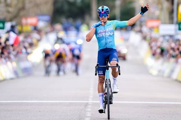 Colombian Harold Tejada of XDS Astana Team celebrates as he crosses the finish line to win the sixth stage of 84th edition of the Paris-Nice cycling race, a race from Barbentane to Apt (179,3 km), on Friday 13 March 2026. DAVIDxPINTENS  x167373649x
