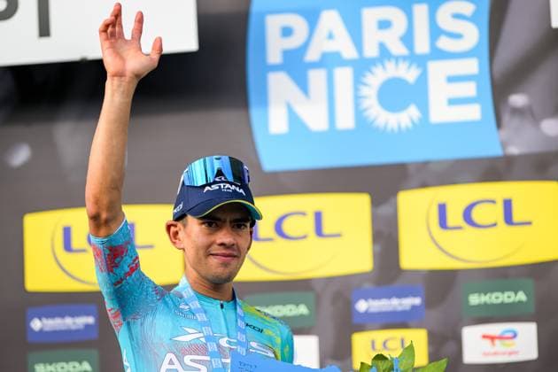 Colombian Harold Tejada of XDS Astana Team celebrates on the podium after winning the sixth stage of 84th edition of the Paris-Nice cycling race, a race from Barbentane to Apt (179,3 km), on Friday 13 March 2026. DAVIDxPINTENS  x167375262x
