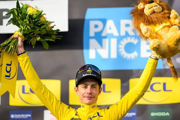Danish Jonas Vingegaard of Team Visma-Lease a Bike celebrates on the podium in the yellow jersey of leader in the overall ranking after the sixth stage of 84th edition of the Paris-Nice cycling race, a race from Barbentane to Apt (179,3 km), on Friday 13 March 2026. DAVIDxPINTENS  x167375476x