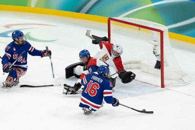 March 13, 2026, Milan, Lombardy, Italy: DECLAN FARMER 16 of USA scores his side s second goal in the Semi Final game between Team United States (USA) and Team Czechia (CZE) at the Milano Cortina 2026 Paralympic Winter games, Winterspiele,Spiele, Summer games USA won 6:1 and advances to the Final. Milan Italy - ZUMAc179 20260313_oly_c179_032 Copyright: xMickaelxChavetx