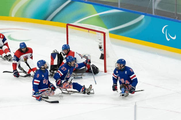 March 13, 2026, Milan, Lombardy, Italy: DECLAN FARMER 16 of USA celebrates scoring his side s second goal in the Semi Final game between Team United States (USA) and Team Czechia (CZE) at the Milano Cortina 2026 Paralympic Winter games, Winterspiele,Spiele, Summer games USA won 6:1 and advances to the Final. Milan Italy - ZUMAc179 20260313_oly_c179_046 Copyright: xMickaelxChavetx