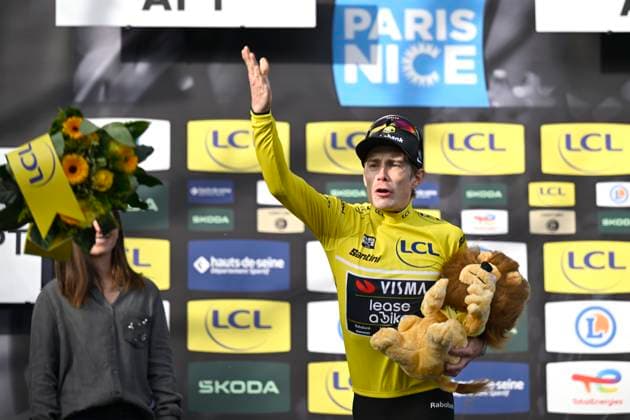 Paris Nice 2026 Stage 6 APT, FRANCE - MARCH 13 : Vingegaard Jonas (DEN) of Team Visma I Lease a Bike pictured with the yellow jersey during the podium ceremony of stage 6 of the 84th edition of Paris - Nice an UCI World Tour 2.UWT cycling road race stage for Men Elite of 179.3 km with start in Barbentane and finish in Apt on March 13, 2026 in Apt, France, 13 03 2026 ( Motordriver Guy De Vuyst - Apt France  Copyright: xNicoxVereeckenx
