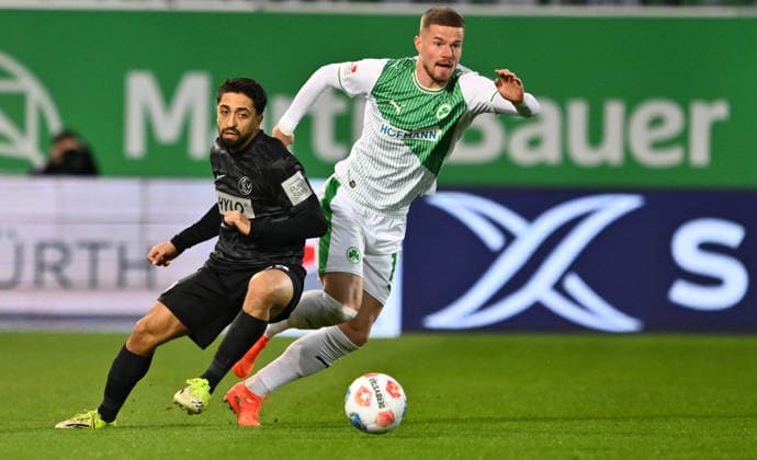 13 03 2026 Soccer Season 2025 2026 2 Soccer Bundesliga 26 Matchday SpVgg Greuther Fürth Kleeblatt SGF SV Elversberg SVE Sportfoto Zink xwoxzix DFL regulations prohibit any use of photographs as image sequences and or quasi video only for editorial use Immanuel Pherai 22, SV Elversberg Jan Elvedi 15, SpVgg Greuther Fürth