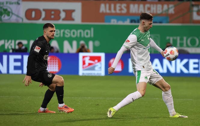 13 03 2026, Football, Men, 2 Bundesliga, Season 2025 2026, SpVgg Greuther Fürth SV 07 Elversberg, Lukasz Poreba SV 07 Elversberg Branimir Hrgota SpVgg Greuther Fürth Fürth Sportpark Ronhof Thomas Sommer Bayern Germany DEU Copyright: xFabianxKleerx