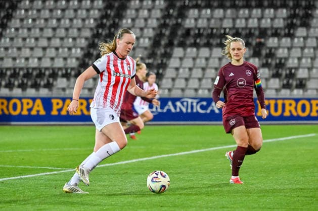 Luca Birkholz SC Freiburg, 23 on the ball and in front of Luisa Guttenberger 1 FC Nuernberg, 04 GER, SC Freiburg 1 FC Nuernberg, Women Football, Google Pixel Women Bundesliga, Matchday 20, Season 2025 2026, 13 03 2026 DFB REGULATIONS PROHIBIT ANY USE OF PHOTOGRAPHS AS IMAGE SEQUENCES AND OR QUASI VIDEO GER, SC Freiburg 1 FC Nuernberg, Women Football, Google Pixel Women Bundesliga, Matchday 20, Season 2025 2026, 13 03 2026 Freiburg Copyright: xEibner-Pressefoto ThomasxHessx EP_THS
