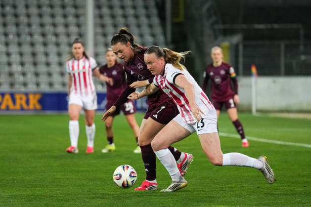 Google Pixel Womens Bundesliga SC Freiburg vs 1 FC Nürnberg, 13 03 2026 duel between Leia Varley 1 FC Nürnberg, 7 and Luca Birkholz SC Freiburg, 23 Google Pixel Womens Bundesliga SC Freiburg vs 1 FC Nürnberg, Dreisamstadion, 13 03 2026 DFB DFL REGULATIONS PROHIBIT ANY USE OF PHOTOGRAPHS AS IMAGE SEQUENCES AND OR QUASI VIDEO Copyright: xBEAUTIFULxSPORTS Boscox