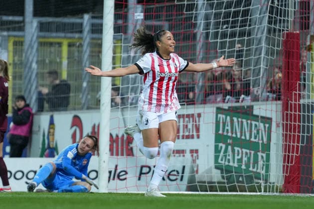 Nicole Ojukwu SC Freiburg, 06 goal celebration, emotions, jubilation, goal success, conclusion, goal, Germany, Football, GooglePixel Womens Bundesliga, 20 Matchday, 2025 2026, SC Freiburg vs 1 FC Nürnberg, 13 03 2026, Dreisamstadion, Freiburg, Germany DFB REGULATIONS PROHIBIT ANY USE OF PHOTOGRAPHS AS IMAGE SEQUENCES AND OR QUASI VIDEO Freiburg Dreisamstadion Baden Wuerttemberg Germany Copyright: xArnexAmbergx