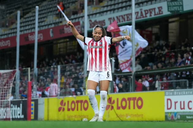 Nicole Ojukwu SC Freiburg, 06 goal celebration, emotions, jubilation, goal success, conclusion, hit, dance , Germany, Football, GooglePixel Womens Bundesliga, 20 Matchday, 2025 2026, SC Freiburg vs 1 FC Nürnberg, 13 03 2026, Dreisamstadion, Freiburg, Germany DFB REGULATIONS PROHIBIT ANY USE OF PHOTOGRAPHS AS IMAGE SEQUENCES AND OR QUASI VIDEO Freiburg Dreisamstadion Baden Wuerttemberg Germany Copyright: xArnexAmbergx