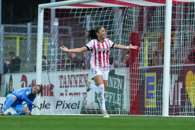 Nicole Ojukwu SC Freiburg, 06 goal celebration, emotions, jubilation, goal success, conclusion, goal, Germany, Football, GooglePixel Womens Bundesliga, 20 Matchday, 2025 2026, SC Freiburg vs 1 FC Nürnberg, 13 03 2026, Dreisamstadion, Freiburg, Germany DFB REGULATIONS PROHIBIT ANY USE OF PHOTOGRAPHS AS IMAGE SEQUENCES AND OR QUASI VIDEO Freiburg Dreisamstadion Baden Wuerttemberg Germany Copyright: xArnexAmbergx